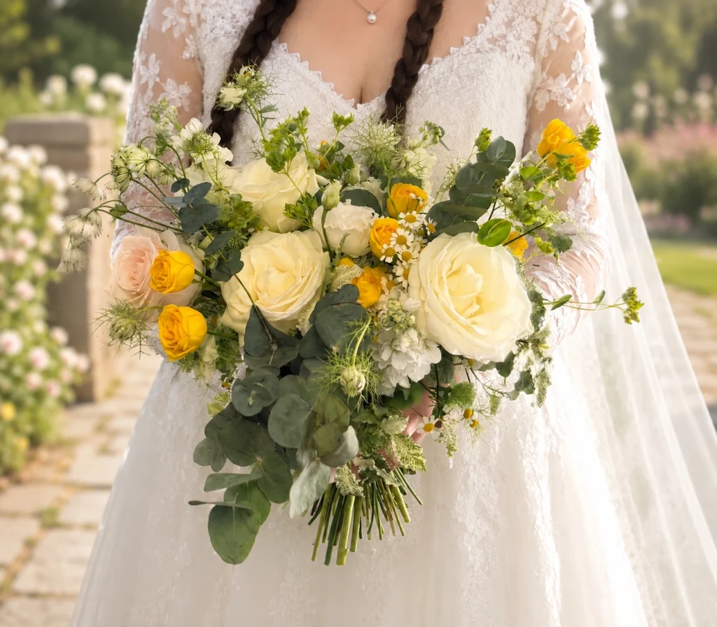 Beautiful garden bridal bouquet with roses, eucalyptus and freesias