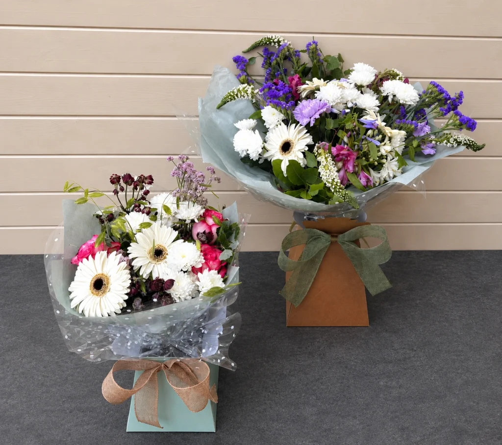 Subscription bouquets, purple/white flowers in large luxury bouquet, white and pink flowers in small luxury bouquet, both in live-in vases with jute bows